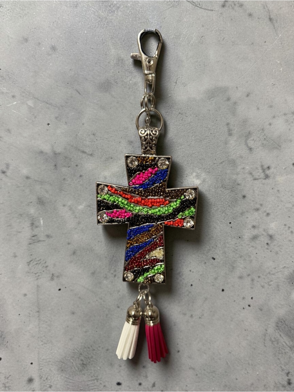 Gothic Beaded Multicolor Cross Bag Charm/Keychain with Tassels